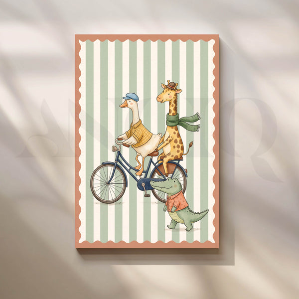 Goose and Giraffe Bicycle Adventure Kids Room Canvas Artwork