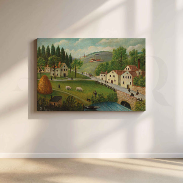Peaceful Countryside Village Folk Art Canvas Artwork