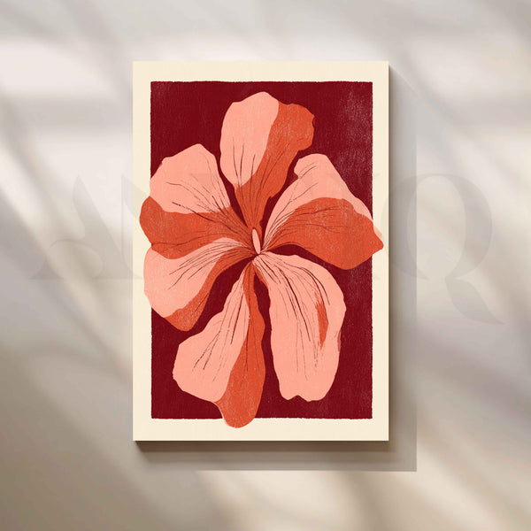 Coral Pink Floral Bloom on Burgundy Minimalist Canvas Artwork