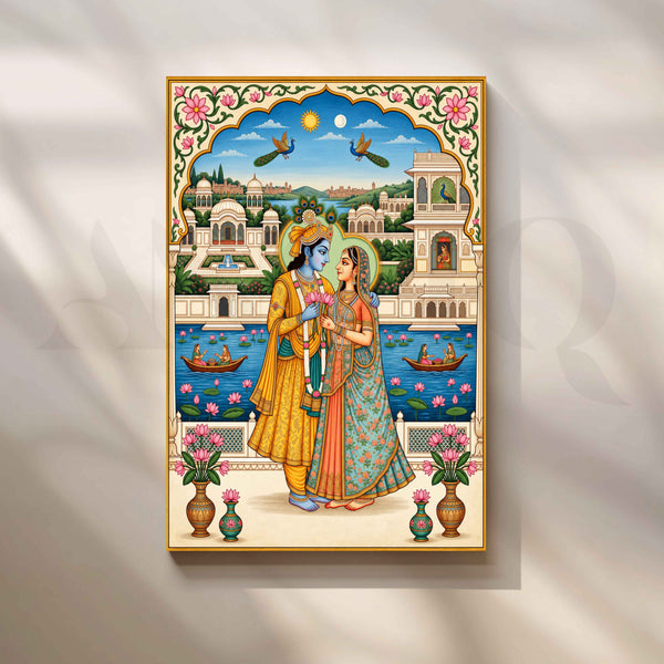 Radha Krishna Royal Palace Garden Traditional Indian Artwork
