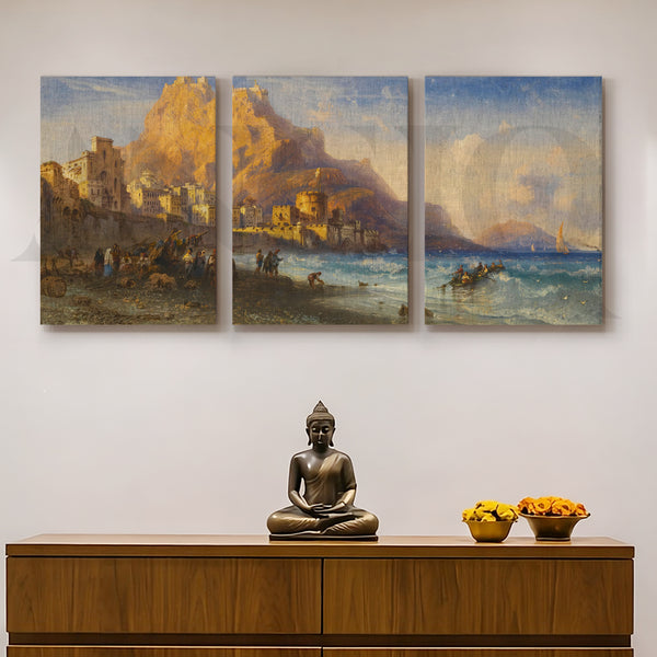 Coastal Mountain Harbour Gallery Wall – Set of 3 Mediterranean Landscape Artworks - 18 x 24 Inches