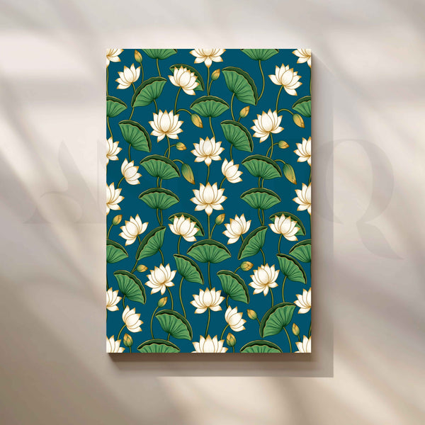 Ivory Lotus Blossoms on Teal Blue Botanical Artwork