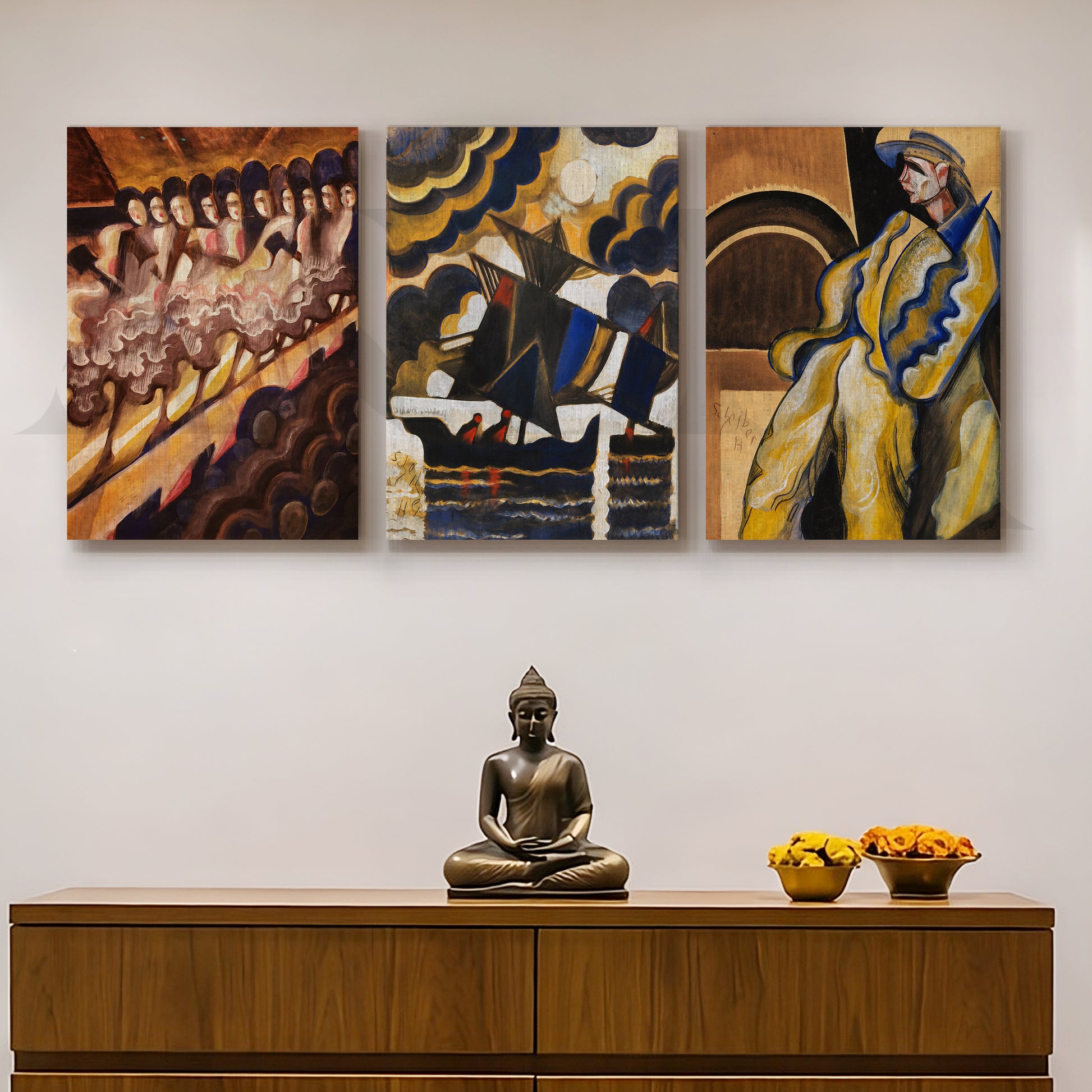 Vintage Avant-Garde Narrative Gallery Wall – Set of 3 Expressionist Artworks - 18 x 24 Inches for Entryway/Hallway