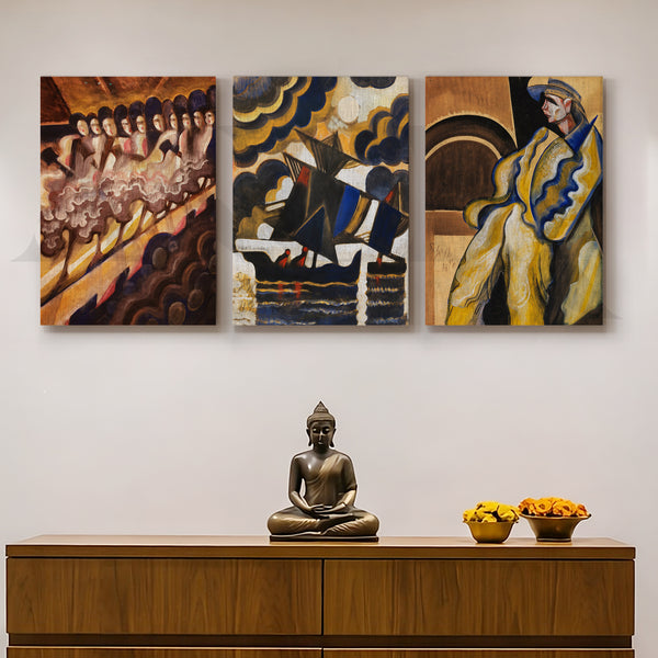 Vintage Avant-Garde Narrative Gallery Wall – Set of 3 Expressionist Artworks - 18 x 24 Inches