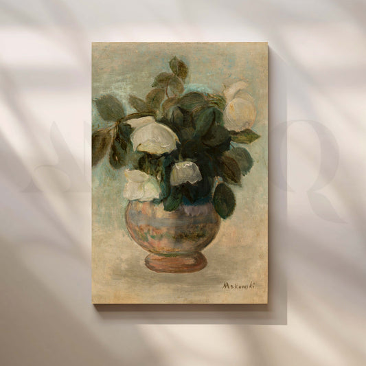 Vintage White Floral Vase Canvas Artwork for Entryway/Hallway