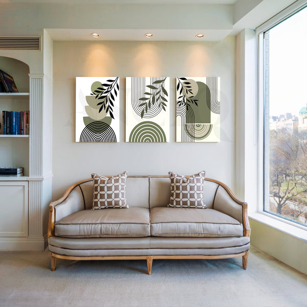 Minimal Botanical Geometry Gallery Wall – Set of 3 Artworks