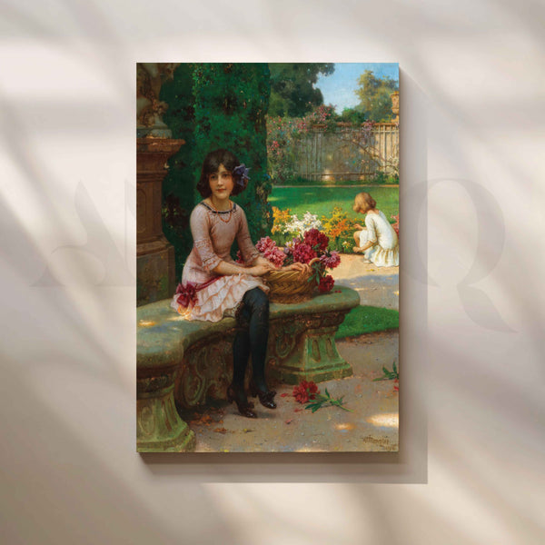 Blossoms in the Garden – Vintage Girl with Flowers Canvas Artwork