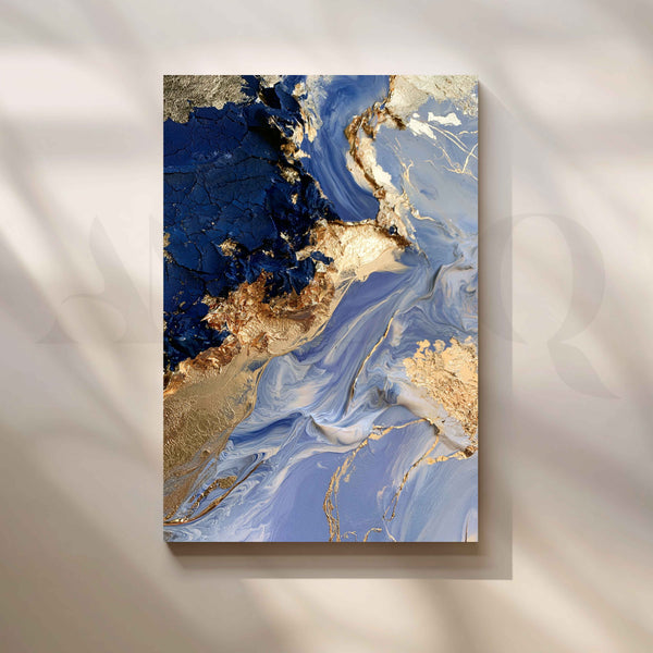 Royal Blue and Gold Marble Flow Abstract Canvas Artwork