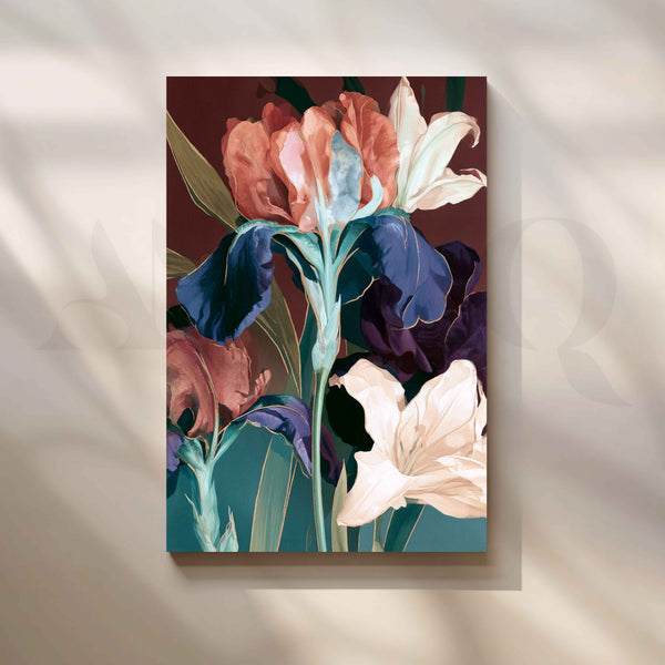 Coral Iris and White Lily Floral Canvas Artwork