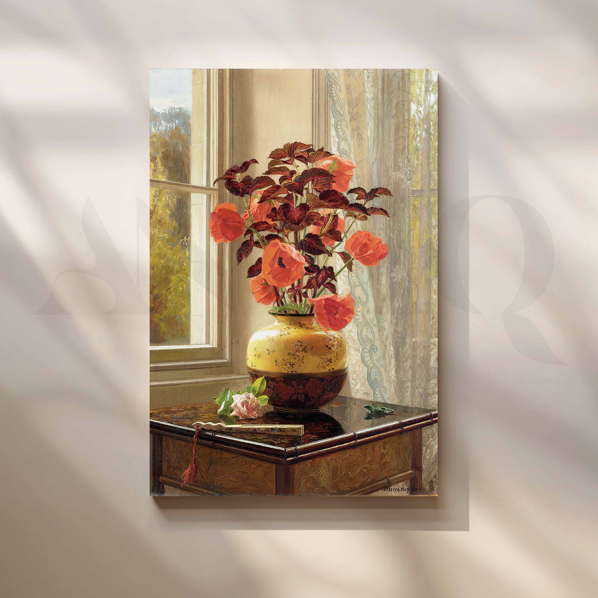 Vintage Poppy Vase by Window Canvas Artwork for Stylish Bedroom