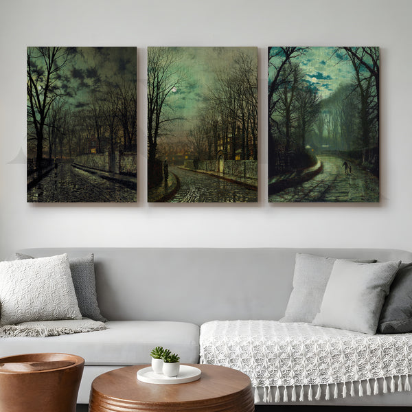 Moody Twilight Streetscape Gallery Wall – Set of 3 Atmospheric Artworks - 18 x 24 Inches