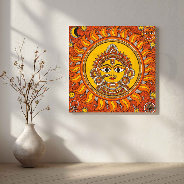 Radiant Surya Dev Madhubani Canvas Artwork