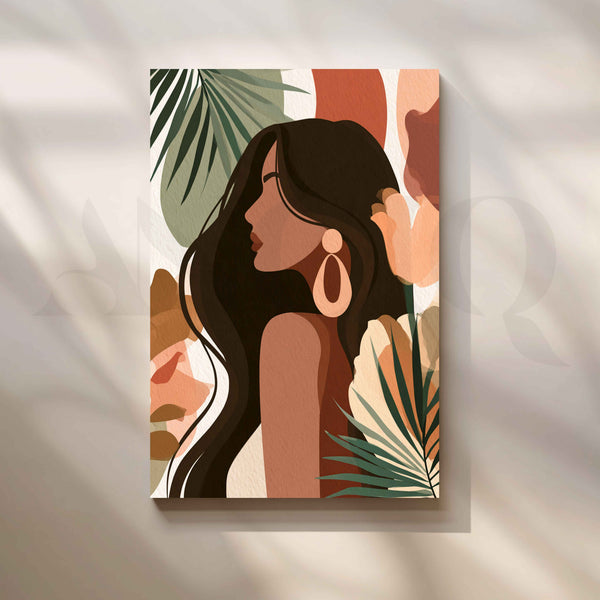 Earthy Boho Beauty – Abstract Woman with Tropical Leaves Canvas Artwork