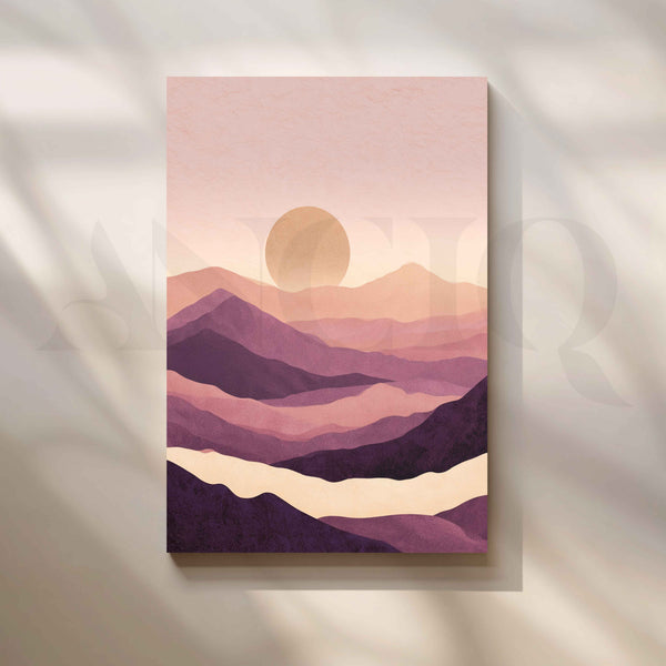 Blush Pink Sunset Over Purple Mountains Minimalist Canvas Artwork