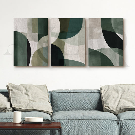 Deep Green Geometric Flow Gallery Wall – Set of 3 Abstract Artworks - 18 x 24 Inches for Living Room