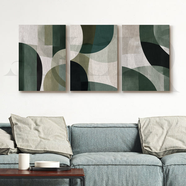 Deep Green Geometric Flow Gallery Wall – Set of 3 Abstract Artworks - 18 x 24 Inches