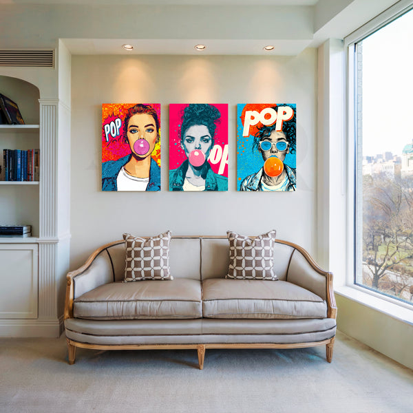 Bubblegum Pop Trio Gallery Wall – Set of 3 Pop Art Canvas Artworks