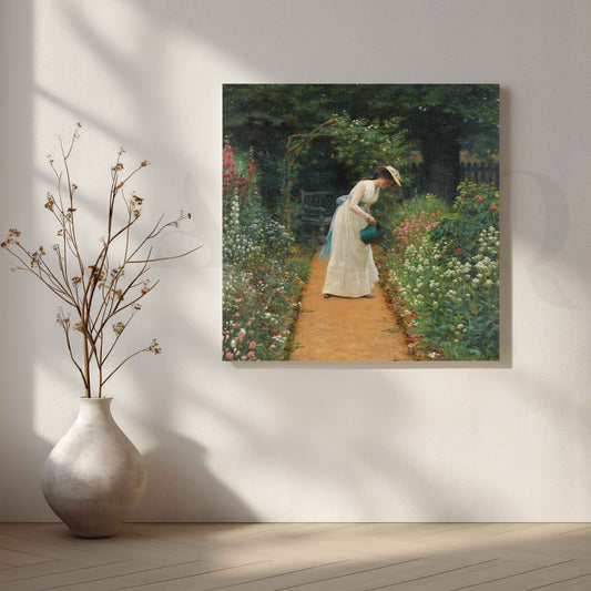 Woman Watering Garden Impressionist Canvas Artwork for Living Room