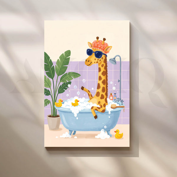 Funny Giraffe Bubble Bath Safari Animal Kids Room Canvas Artwork