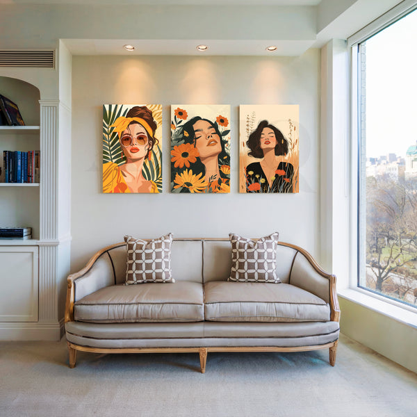 Golden Bloom Gallery Wall – Set of 3 Artworks