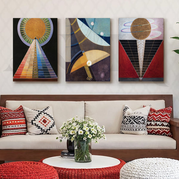Sacred Geometry Cosmic Forms Gallery Wall – Set of 3 Abstract Symbolic Artworks - 18 x 24 Inches