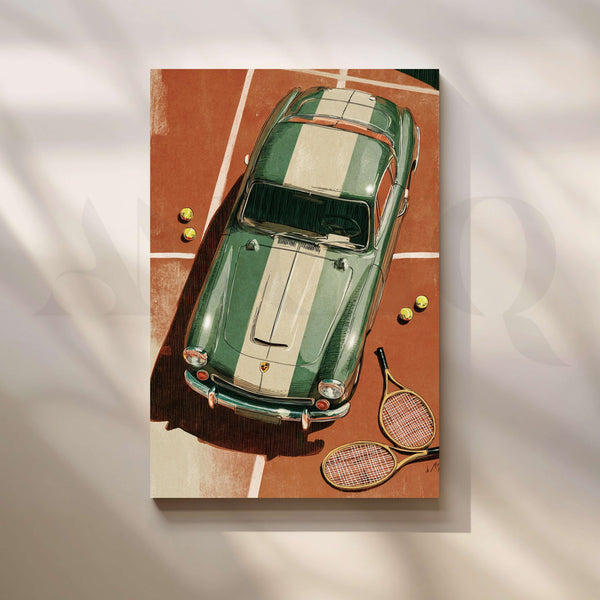 Vintage Green Sports Car and Tennis Inspired Canvas Artwork