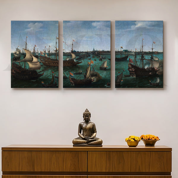 Historic Naval Fleet Gallery Wall – Set of 3 Classic Maritime Artworks - 18 x 24 Inches
