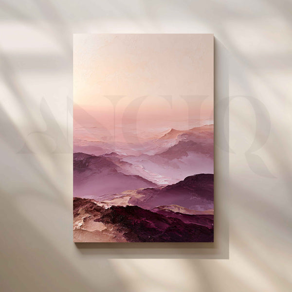 Blush Pink and Mauve Mountain Sunset Textured Landscape Canvas Artwork