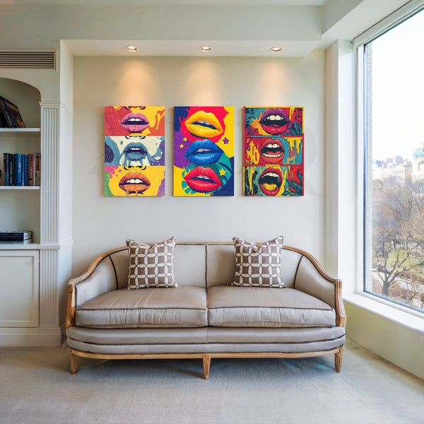Vibrant Pop Lips Gallery Wall – Set of 3 Pop Art Canvas Artworks
