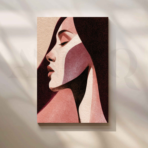 Abstract Feminine Face Portrait in Burgundy and Blush Canvas Artwork