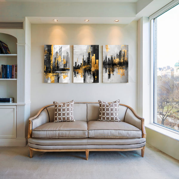 Golden City Reflections Gallery Wall – Set of 3 Artworks