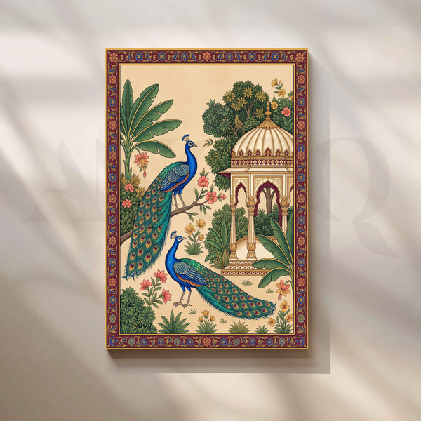Royal Peacocks in Rajasthani Palace Garden Pichwai Artwork