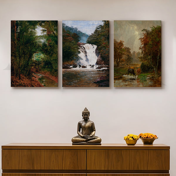 Serene Forest Waterfall Gallery Wall – Set of 3 Nature Landscape Artworks - 18 x 24 Inches