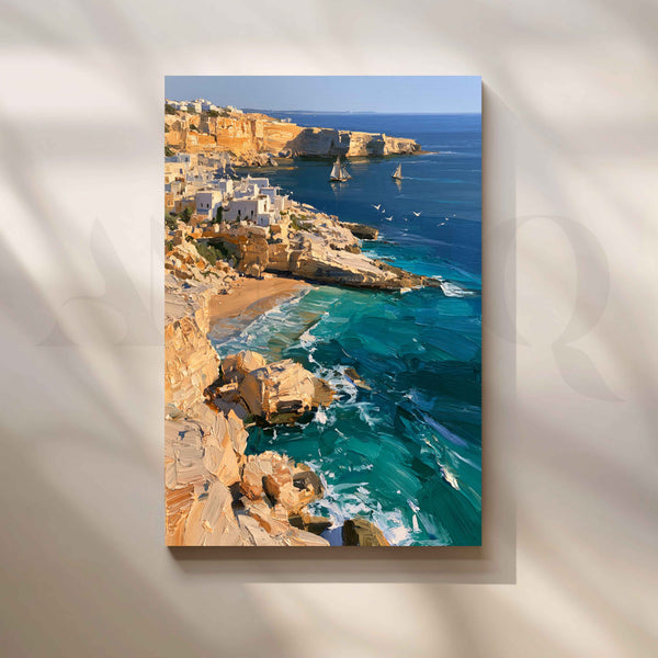 Mediterranean Coastal Village and Turquoise Sea Landscape Canvas Artwork