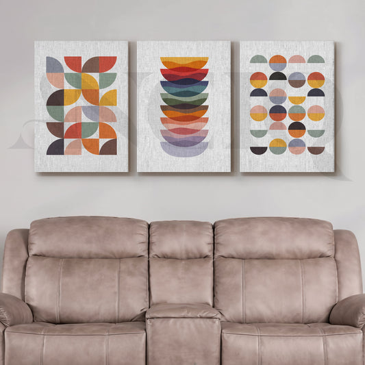 Retro Geometric Harmony Gallery Wall – Set of 3 Modern Abstract Artworks - 18 x 24 Inches for Living Room