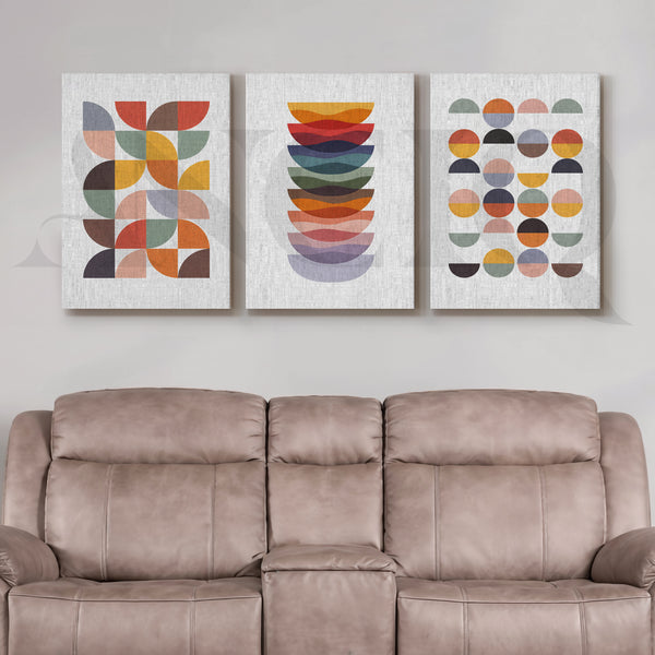 Retro Geometric Harmony Gallery Wall – Set of 3 Modern Abstract Artworks - 18 x 24 Inches