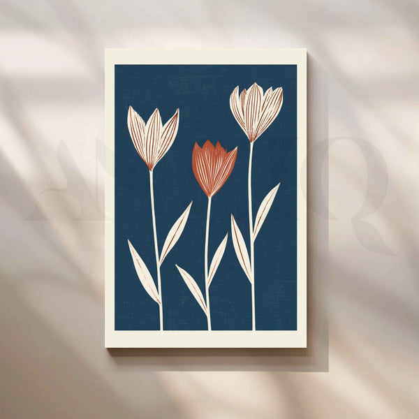 Midnight Blue Minimalist Tulip Floral Canvas Artwork