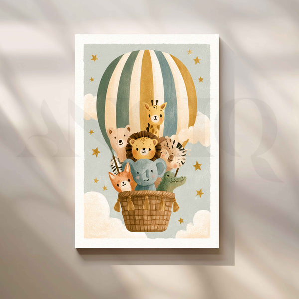Safari Animals Hot Air Balloon Adventure Kids Room Canvas Artwork