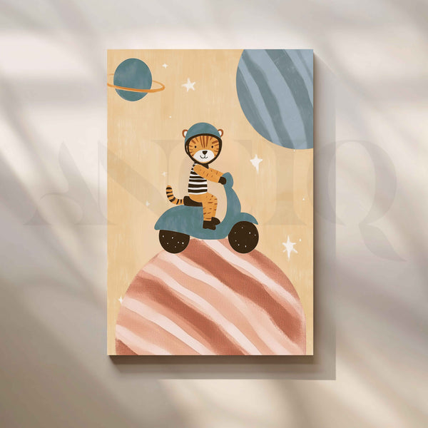 Cute Astronaut Tiger Riding Scooter in Space Kids Room Canvas Artwork