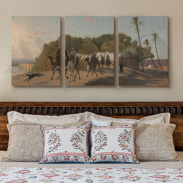 Desert Caravan Landscape Gallery Wall – Set of 3 Vintage Oriental Artworks - 18 x 24 Inches