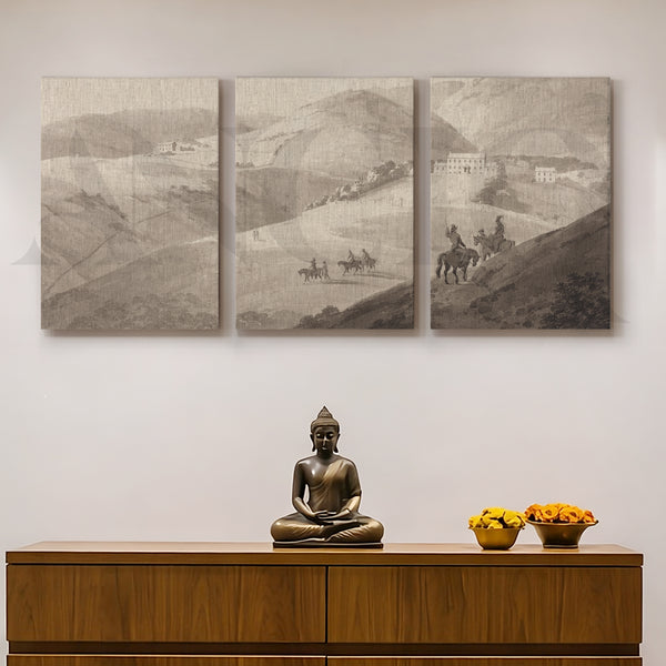 Timeless Countryside Sketch Gallery Wall – Set of 3 Monochrome Landscape Artworks - 18 x 24 Inches