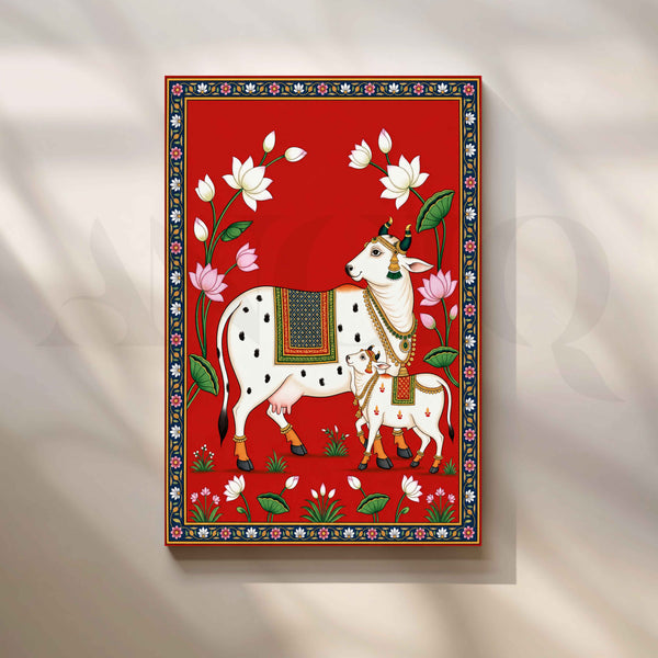 Sacred Kamdhenu Cow and Calf Red Pichwai Artwork