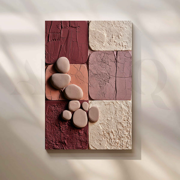 Burgundy and Blush Sculptural Stone Textured Abstract Canvas Artwork