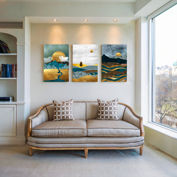 Golden Horizon Landscapes Gallery Wall – Set of 3 Artworks