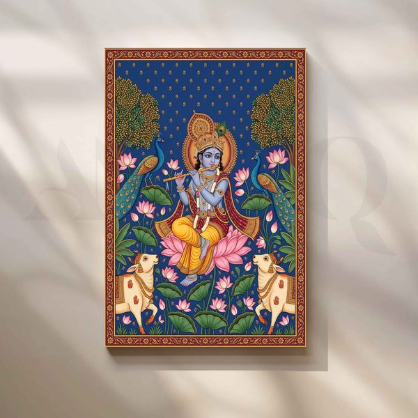 Lord Krishna Playing Flute on Pink Lotus Pichwai Artwork