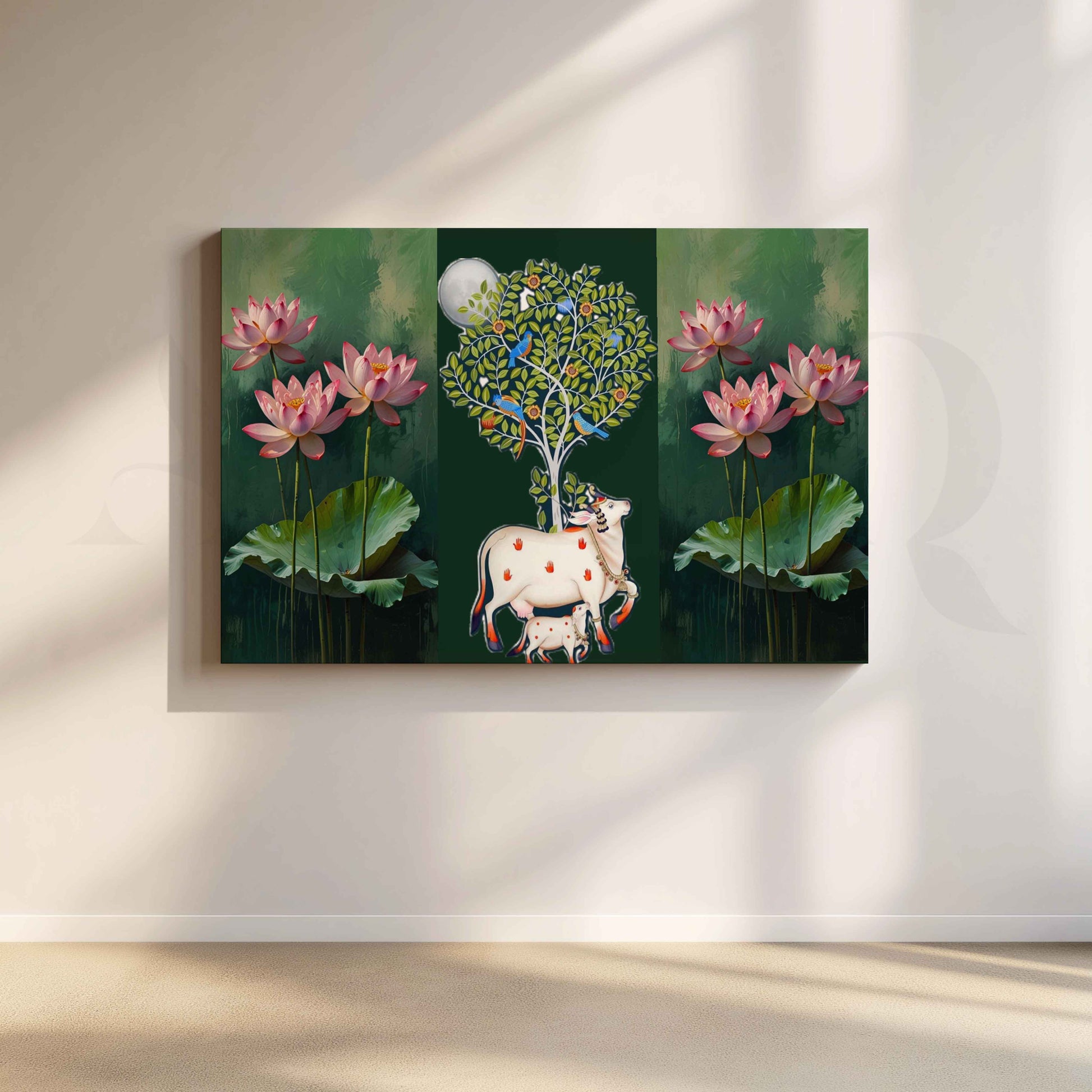 Lotus and Sacred Cow Botanical Canvas Artwork for Stylish Bedroom