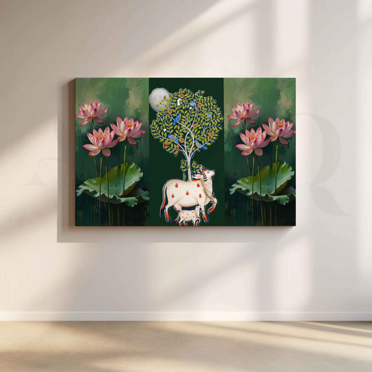 Lotus and Sacred Cow Botanical Canvas Artwork for Stylish Bedroom