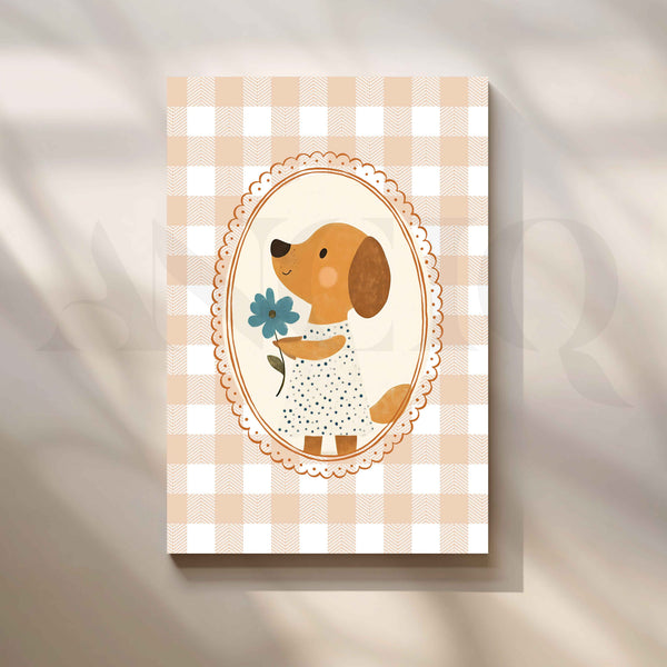 Cute Puppy with Blue Flower Vintage Nursery Canvas Artwork
