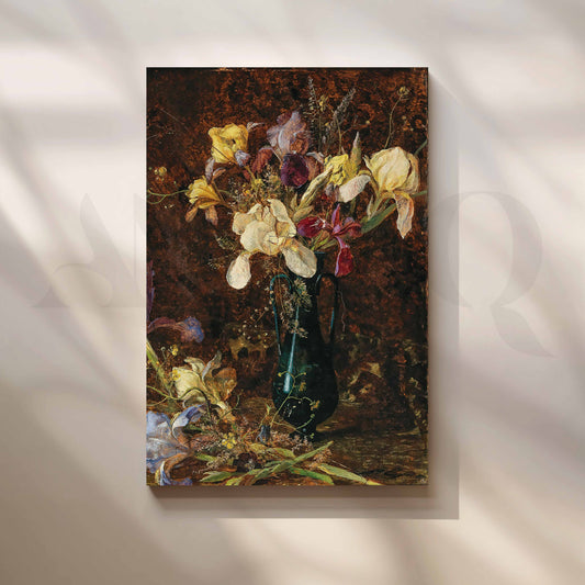 Vintage Iris Bouquet in Dark Vase Canvas Artwork for Entryway/Hallway