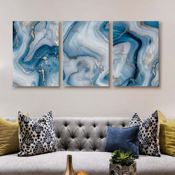 Blue Marble Abstract Gallery Wall Canvas Artwork Set of 3 - 18 x 24 Inches
